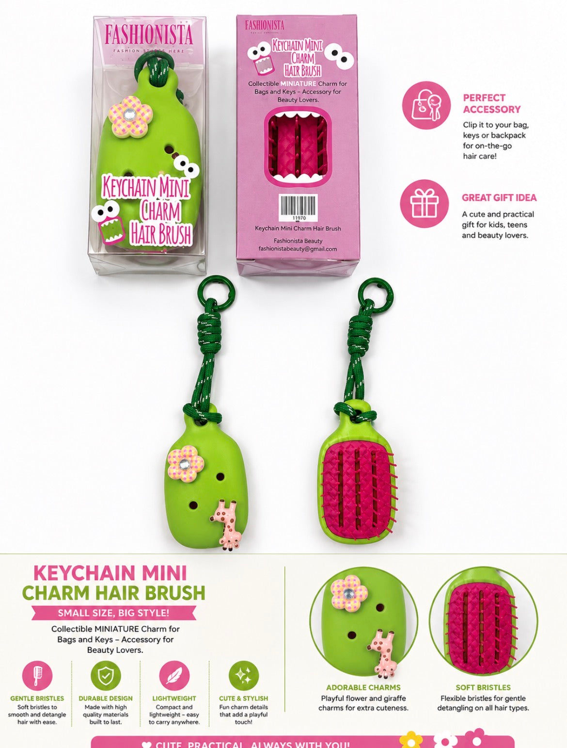 FASHIONISTA Keychain Mini Charm Hair Brush- GREEN