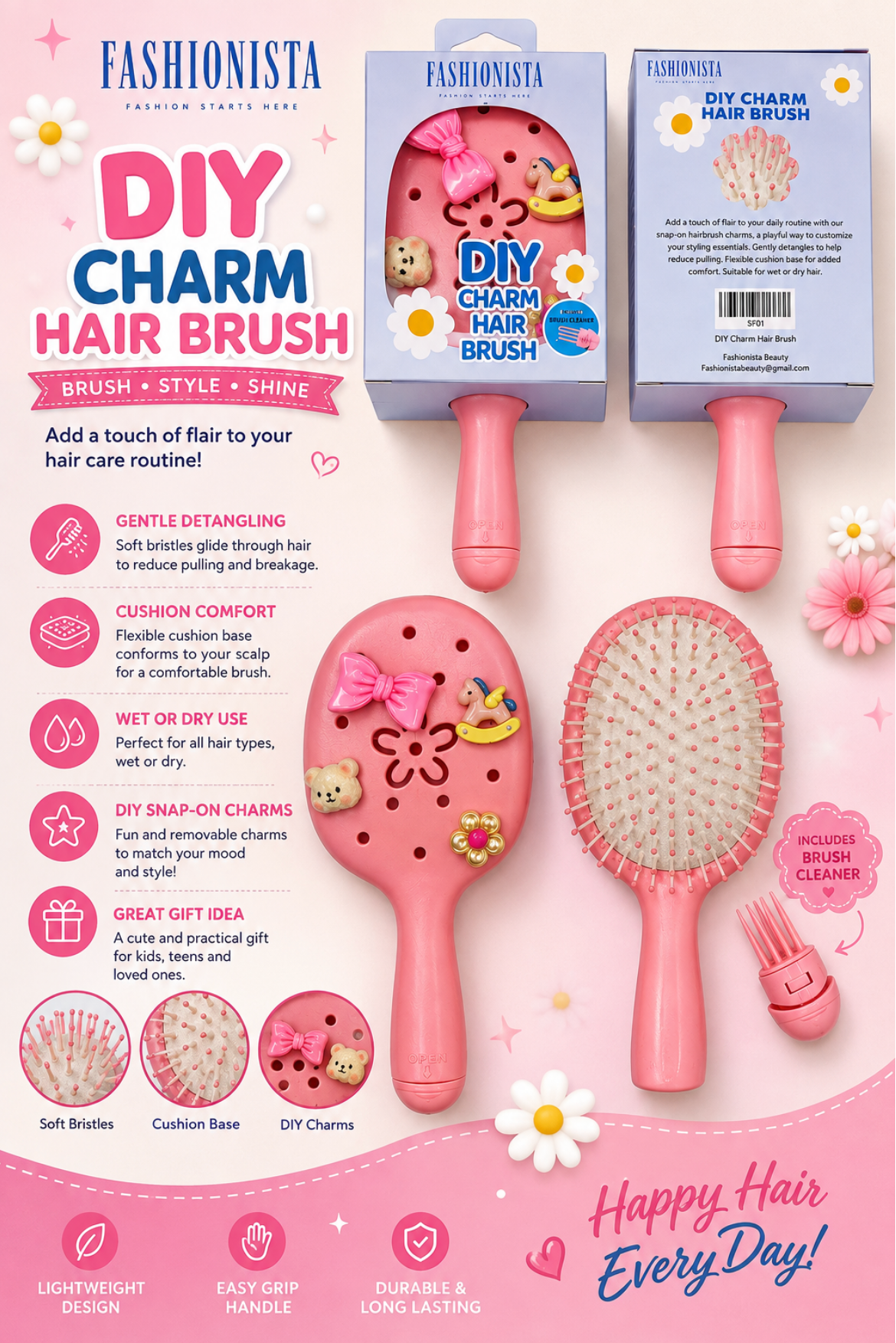 Fashionista DIY large Charm Hair Brush- PINK